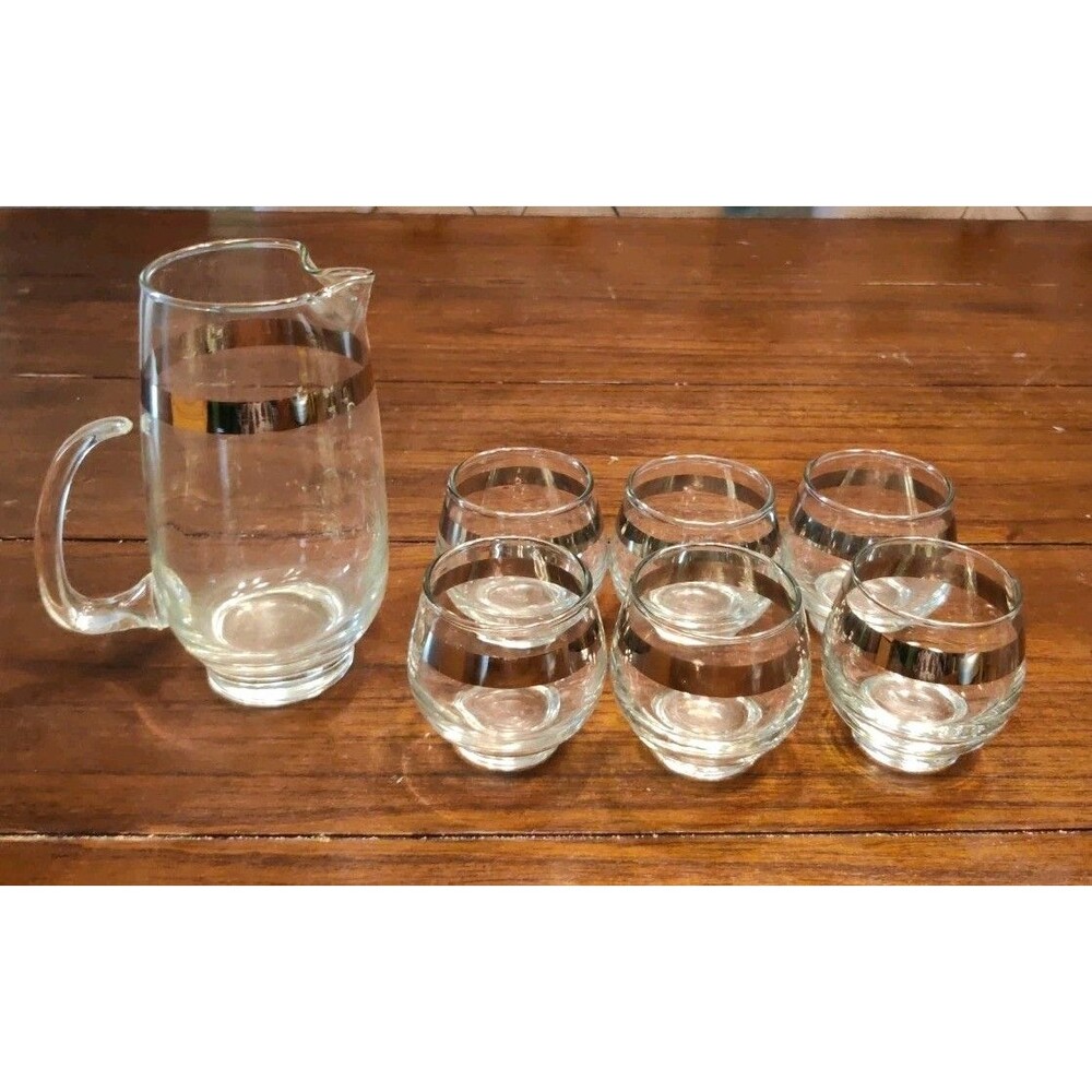 Vintage Libbey Silver Band Set Pitcher and 6 Roly Poly Glasses Martini Whiskey